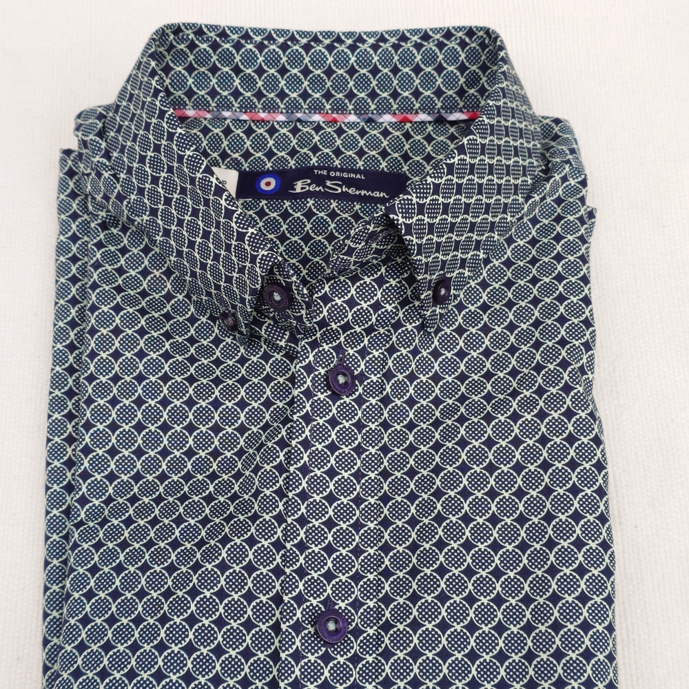 Ben Sherman Navy and Turquoise Geometric Shirt Small Short Sleeve Summer Men's